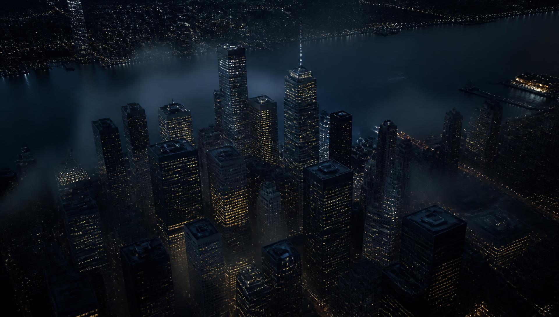 Aerial night view of a financial district skyline
