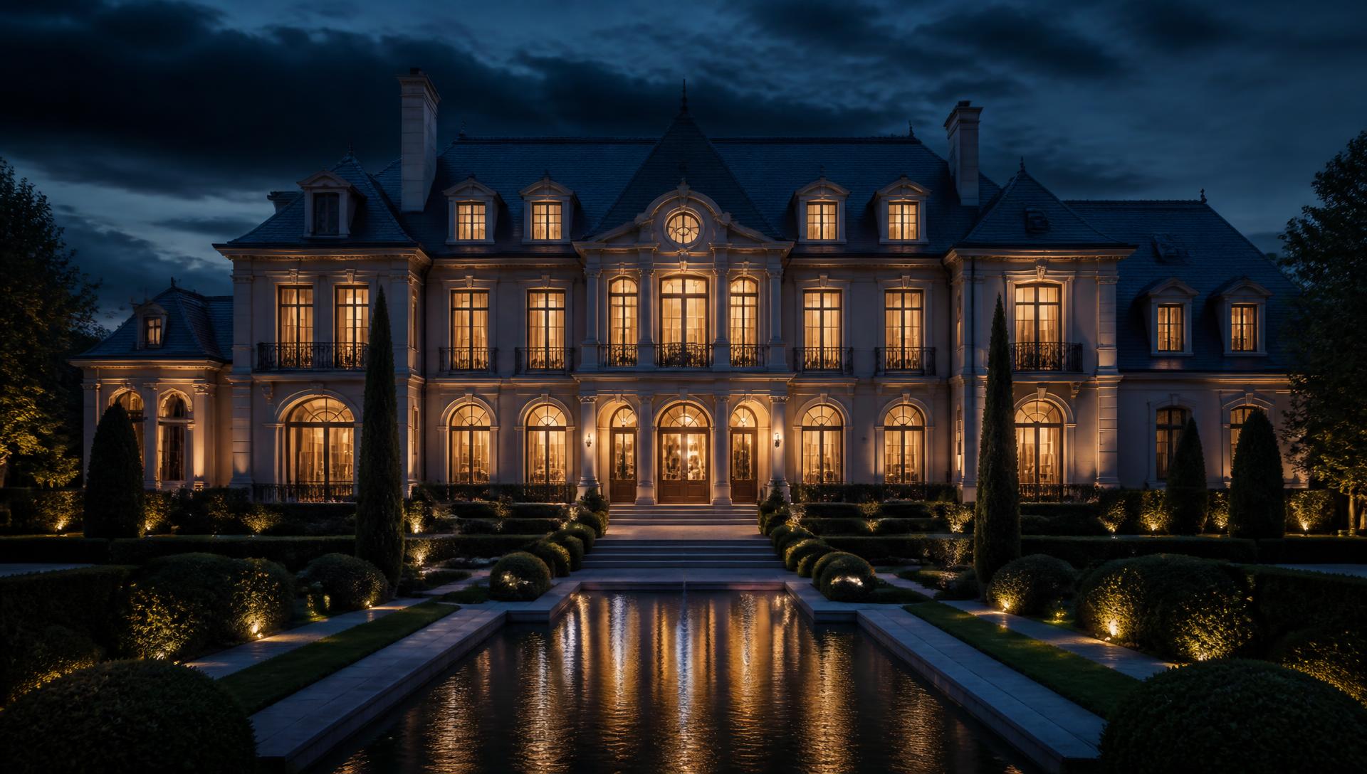 Illuminated private estate at dusk