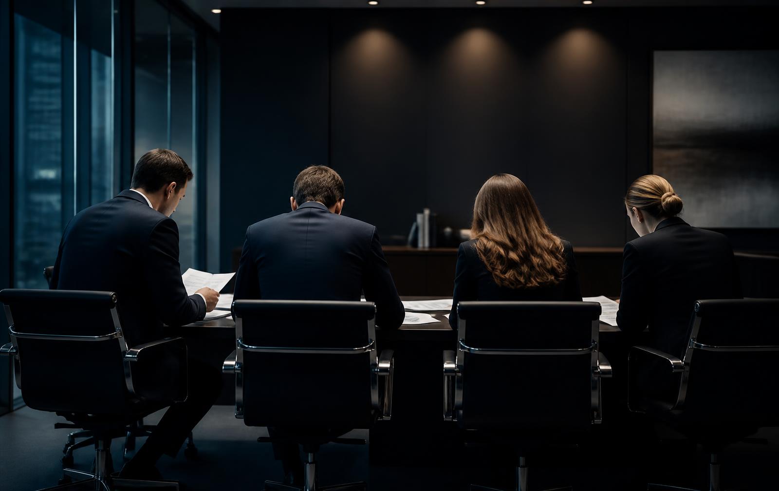 Investment team reviewing documents in a modern office